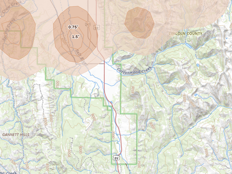Radar-estimated hail-size map of the storm over Smoot, WY on Aug 28, 2026