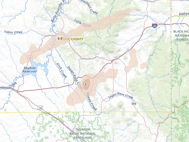 Radar-estimated hail-size map of the storm over Sundance, WY on Jun 1, 2026