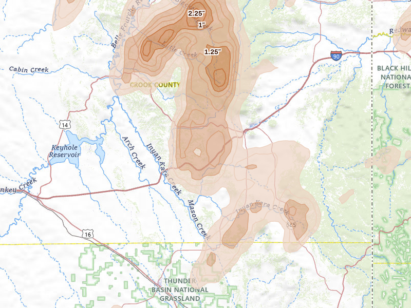 Radar-estimated hail-size map of the storm over Sundance, WY on Jun 2, 2026