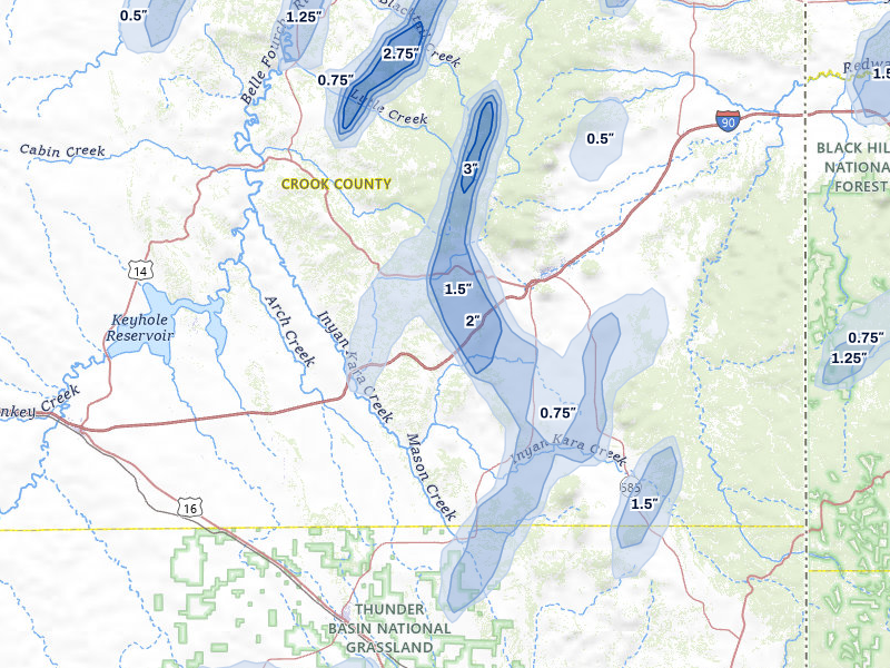 NEXRAD radar-signature map of the hail over Sundance, WY