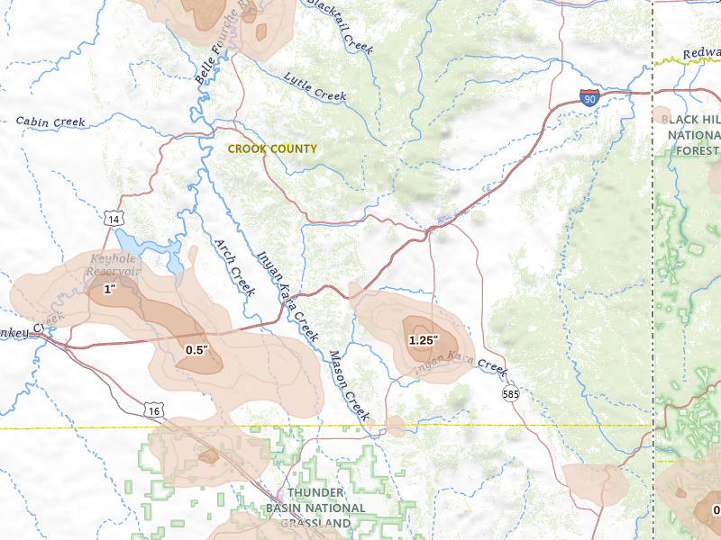 Radar-estimated hail-size map of the storm over Sundance, WY on Jun 4, 2026