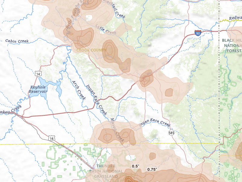 Radar-estimated hail-size map of the storm over Sundance, WY on Jul 3, 2026