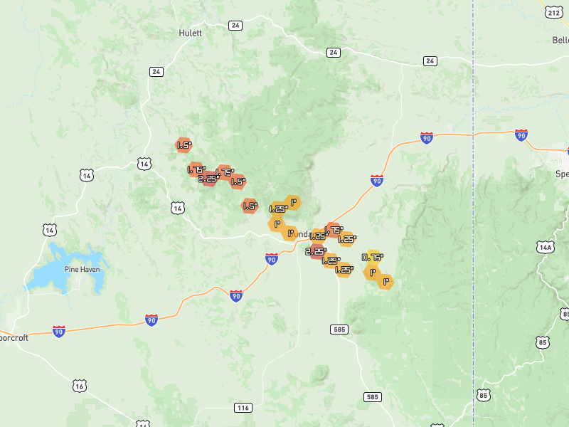 Hail map of Sundance, WY on Jul 3, 2026, hail up to 2.25"