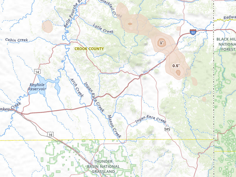 Radar-estimated hail-size map of the storm over Sundance, WY on Jul 8, 2026