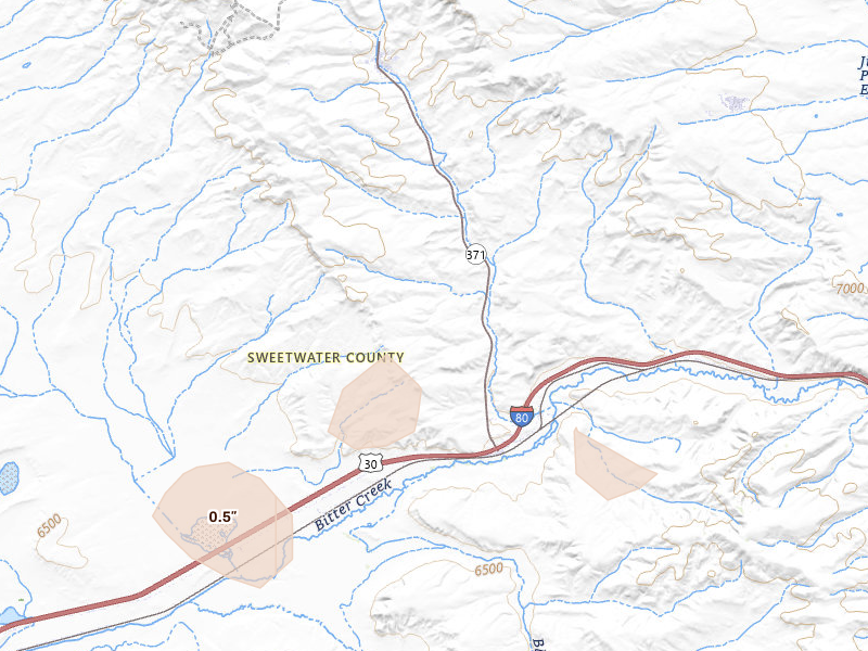 Radar-estimated hail-size map of the storm over Superior, WY on Jun 25, 2026