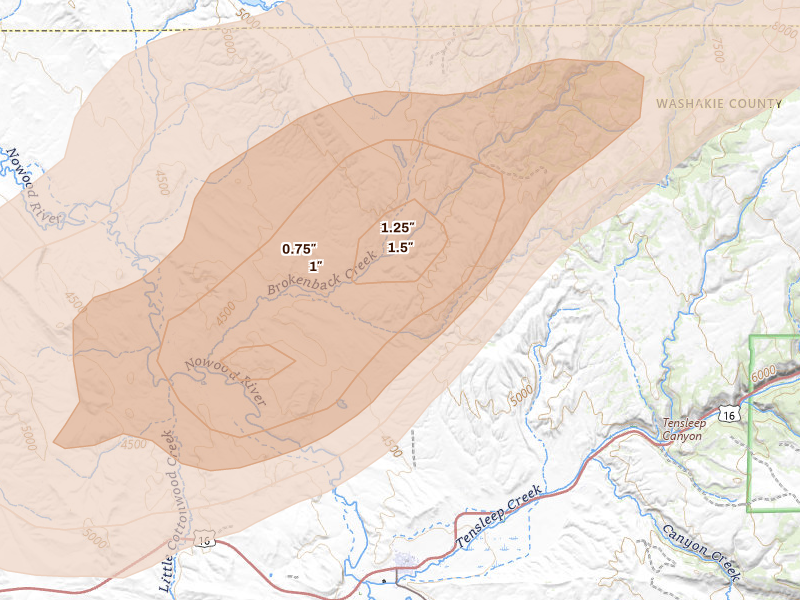 Radar-estimated hail-size map of the storm over Ten Sleep, WY on Jun 7, 2026
