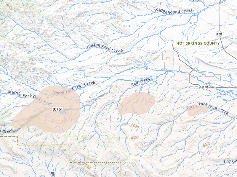 Radar-estimated hail-size map of the storm over Thermopolis, WY on Aug 15, 2026