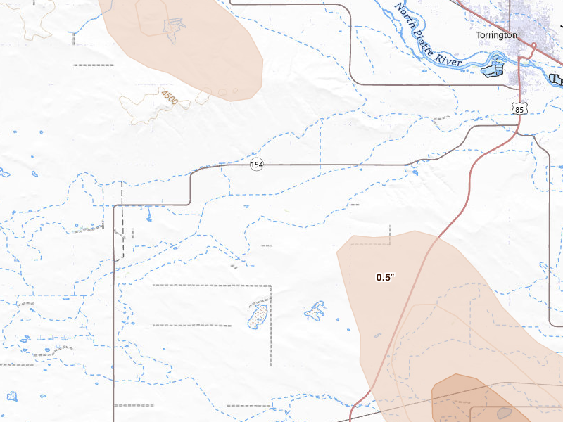 Radar-estimated hail-size map of the storm over Torrington, WY on May 29, 2026