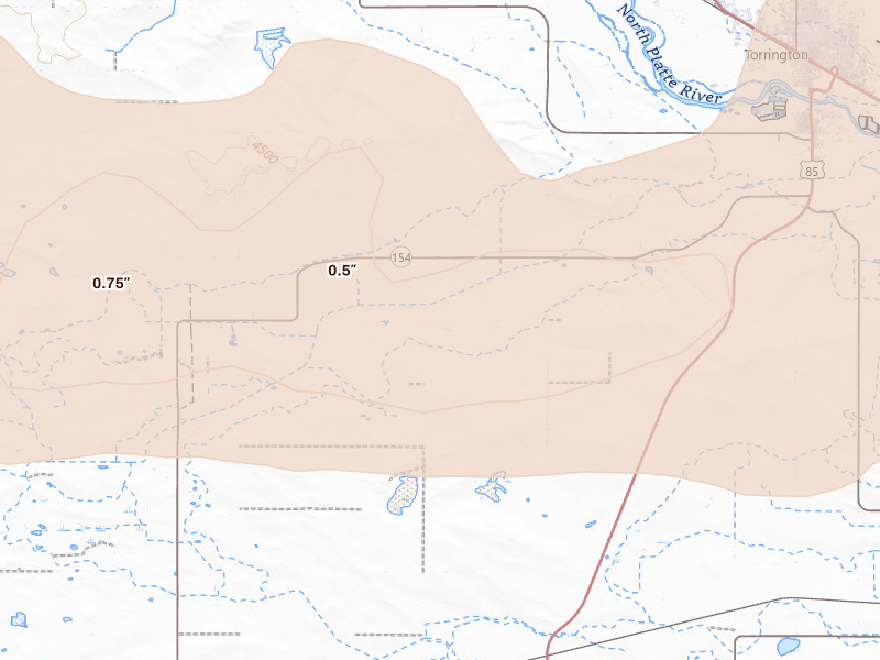 Radar-estimated hail-size map of the storm over Torrington, WY on Jun 1, 2026