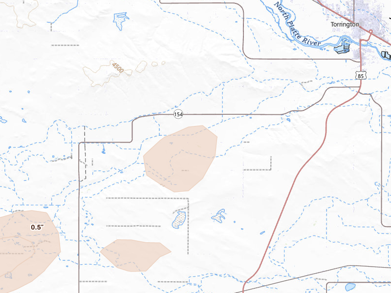 Radar-estimated hail-size map of the storm over Torrington, WY on Jun 8, 2026