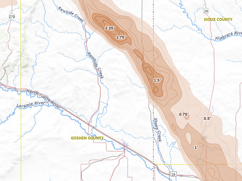 Radar-estimated hail-size map of the storm over Torrington, WY on Jun 22, 2026