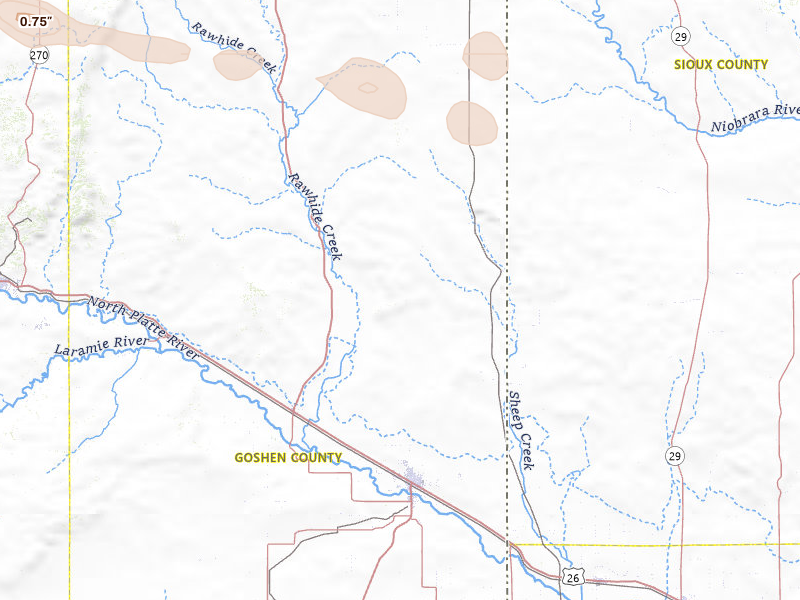 Radar-estimated hail-size map of the storm over Torrington, WY on Jul 9, 2026