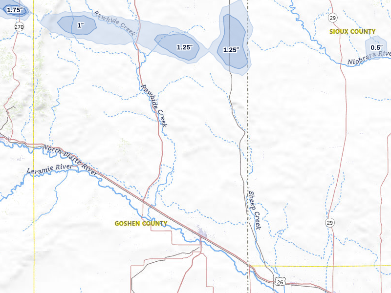 NEXRAD radar-signature map of the hail storm over Torrington, WY on Jul 9, 2026