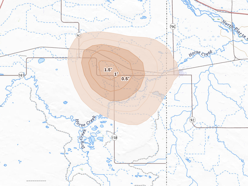 Radar-estimated hail-size map of the storm over Torrington, WY on Aug 9, 2026
