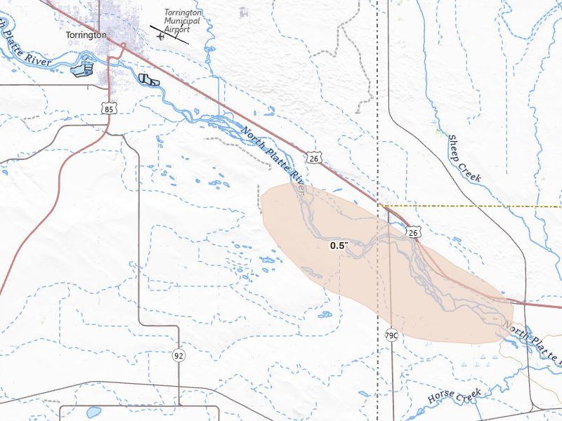 Radar-estimated hail-size map of the storm over Torrington, WY on Aug 17, 2026