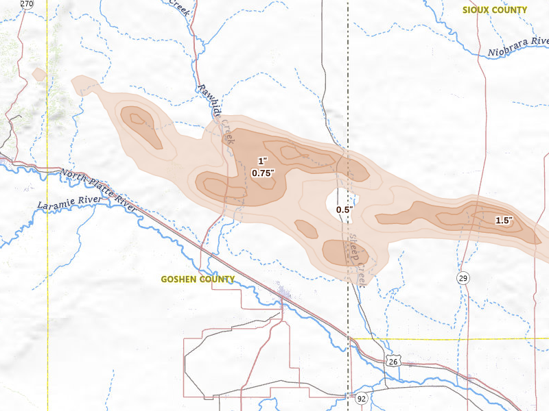 Radar-estimated hail-size map of the storm over Torrington, WY on Aug 21, 2026