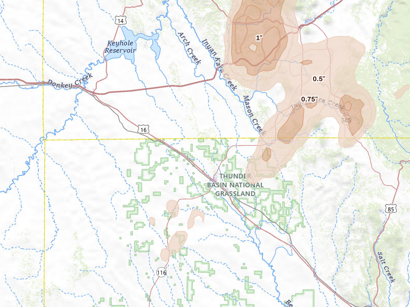 Radar-estimated hail-size map of the storm over Upton, WY on Jun 2, 2026