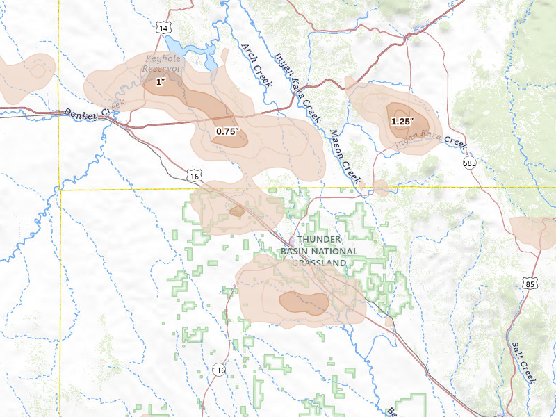 Radar-estimated hail-size map of the storm over Upton, WY on Jun 4, 2026