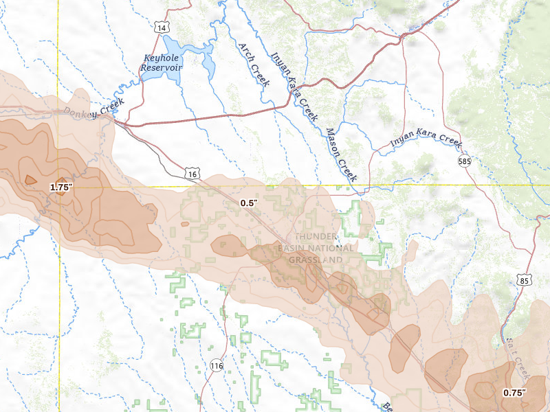 Radar-estimated hail-size map of the storm over Upton, WY on Jun 22, 2026