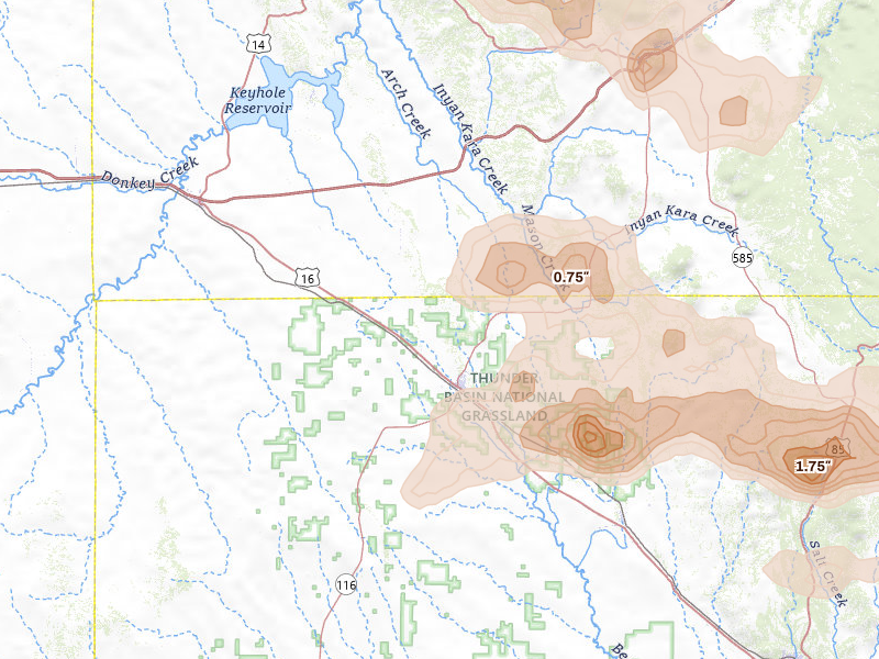 Radar-estimated hail-size map of the storm over Upton, WY on Jul 3, 2026