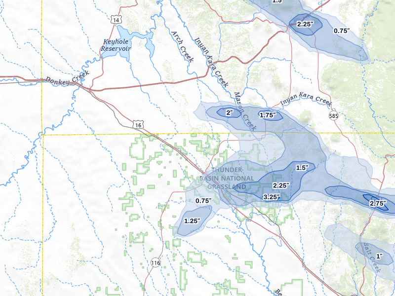 NEXRAD radar-signature map of the hail storm over Upton, WY on Jul 3, 2026