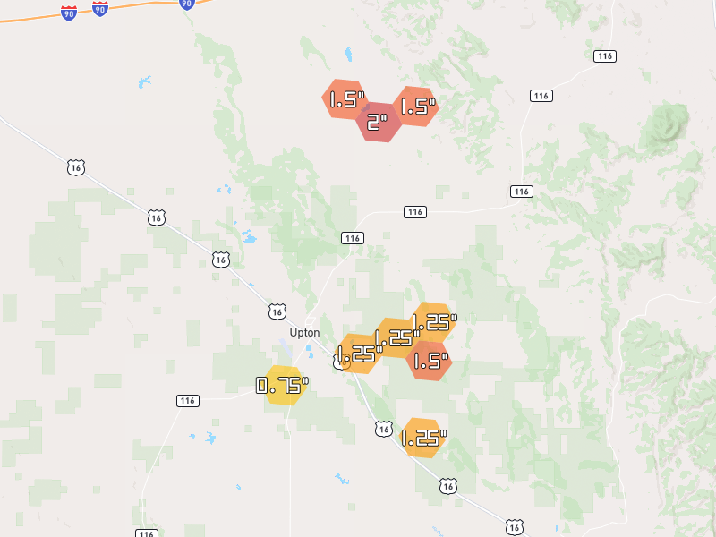 Hail map of Upton, WY on Jul 3, 2026, hail up to 2"