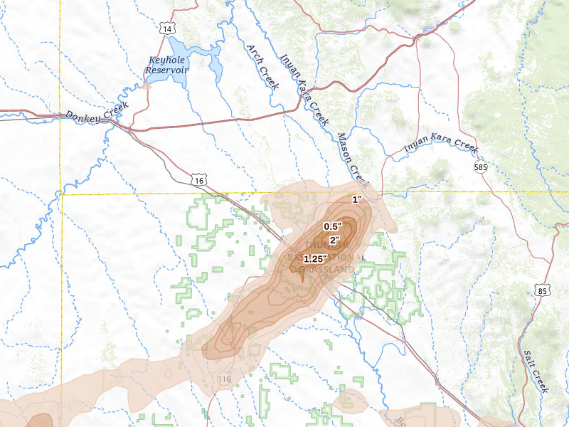 Radar-estimated hail-size map of the storm over Upton, WY on Jul 7, 2026
