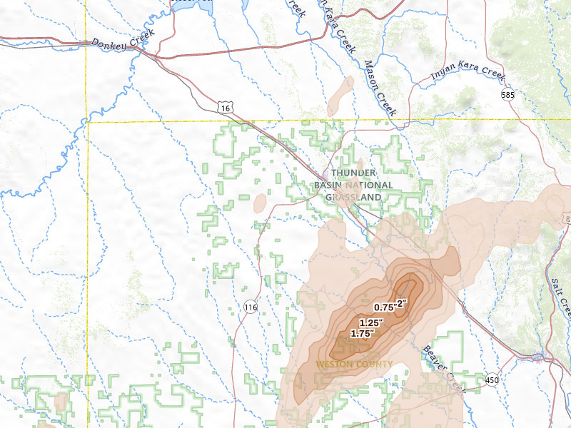 Radar-estimated hail-size map of the storm over Upton, WY