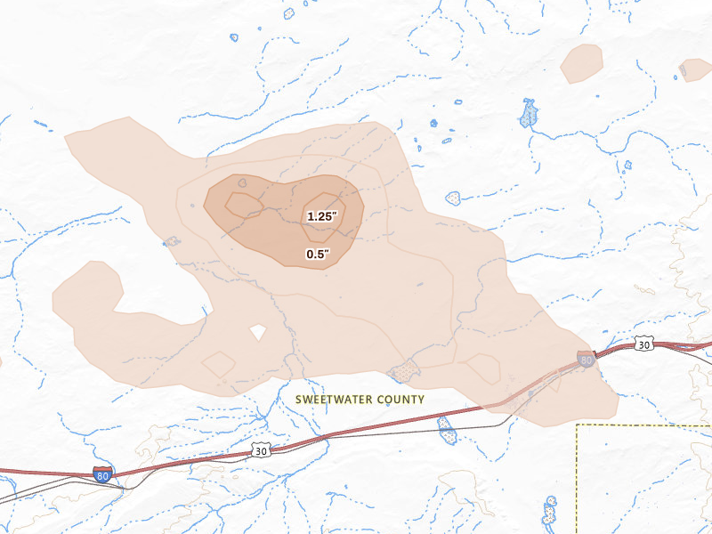 Radar-estimated hail-size map of the storm over Wamsutter, WY on Jun 25, 2026