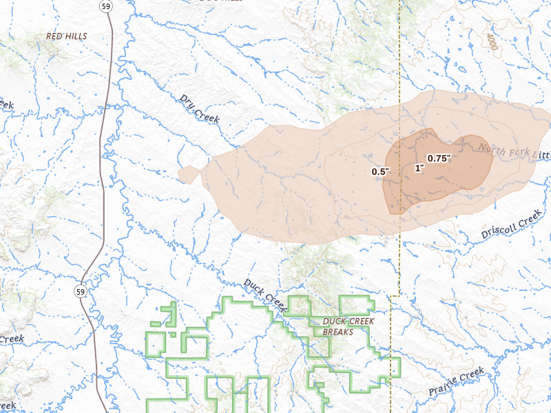 Radar-estimated hail-size map of the storm over Weston, WY on Apr 13, 2026
