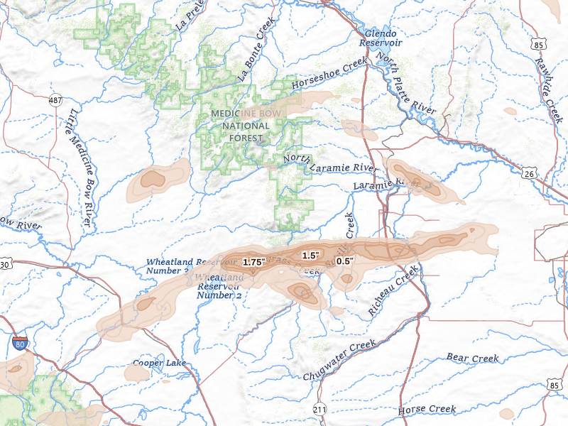 Radar-estimated hail-size map of the storm over Wheatland, WY on Jun 24, 2026