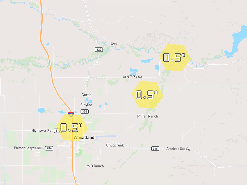 Hail map of Wheatland, WY on Jun 27, 2026, hail up to 0.5"