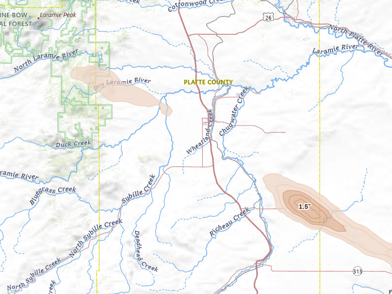 Radar-estimated hail-size map of the storm over Wheatland, WY on Aug 25, 2026