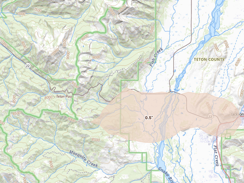 Radar-estimated hail-size map of the storm over Wilson, WY on Aug 23, 2026