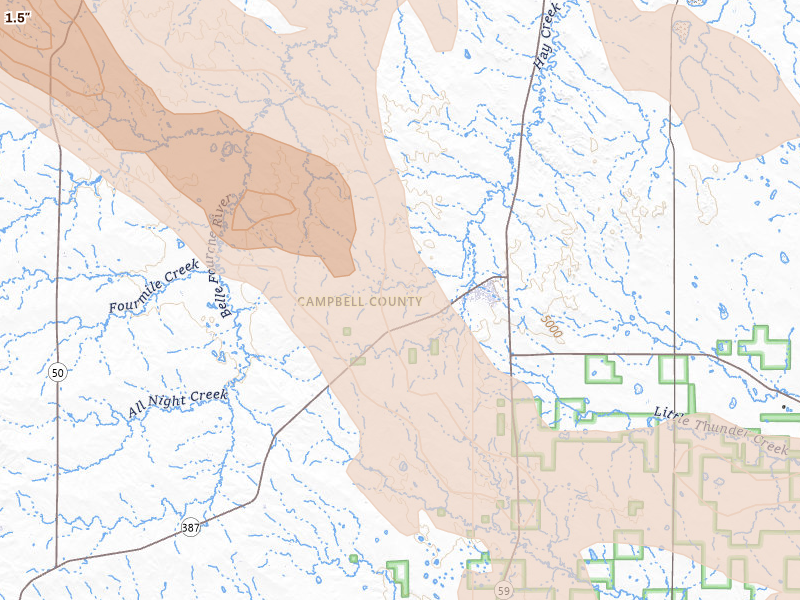Radar-estimated hail-size map of the storm over Wright, WY on Jun 22, 2026
