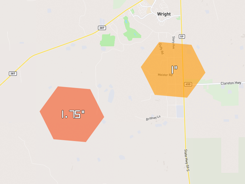 Hail map of Wright, WY on Jul 29, 2026, hail up to 1.75"