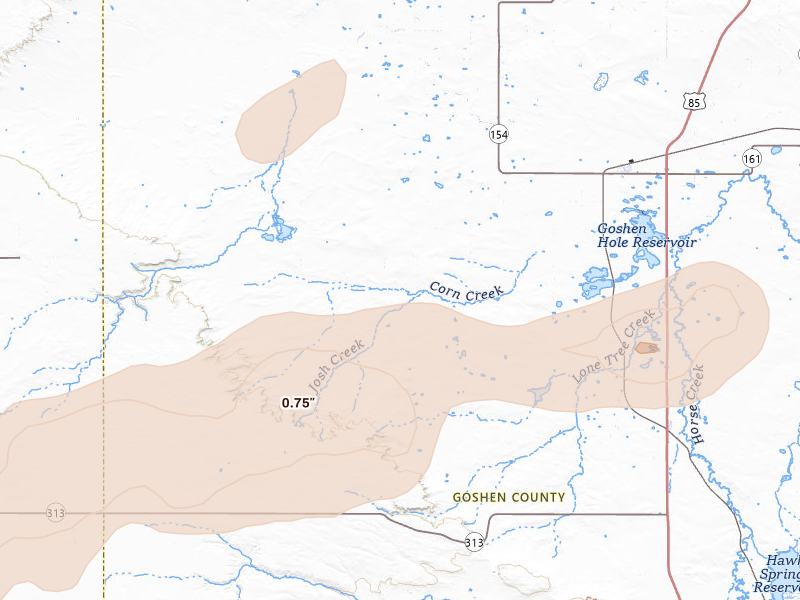 Radar-estimated hail-size map of the storm over Yoder, WY on Jun 26, 2026