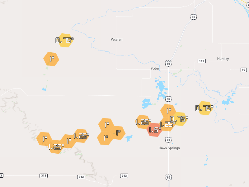 Hail map of Yoder, WY on Jun 26, 2026, hail up to 1.5"