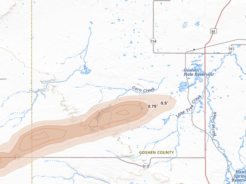 Radar-estimated hail-size map of the storm over Yoder, WY on Jul 8, 2026